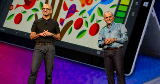 Adobe president and CEO Shantanu Narayen (right) and Microsoft CEO Satya Nadella at Adobe MAX