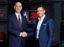 Take-Two CEO Strauss Zelnick, right, joins NBA Commissioner Adam Silver, left, at the league's headquarters in New York, N.Y. on Wednesday, February 8th, 2017 as they announce plans to launch the NBA 2K eLeague, a new, professional competitive gaming league.