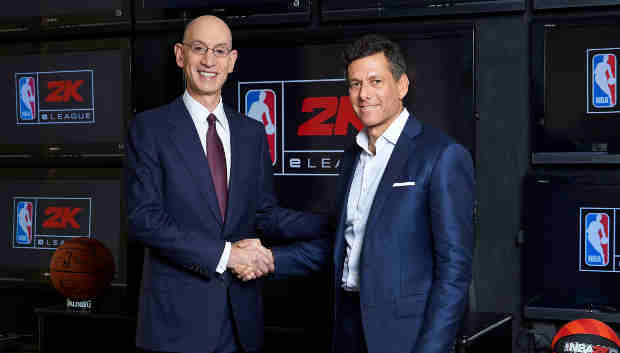 Take-Two CEO Strauss Zelnick, right, joins NBA Commissioner Adam Silver, left, at the league's headquarters in New York, N.Y. on Wednesday, February 8th, 2017 as they announce plans to launch the NBA 2K eLeague, a new, professional competitive gaming league.