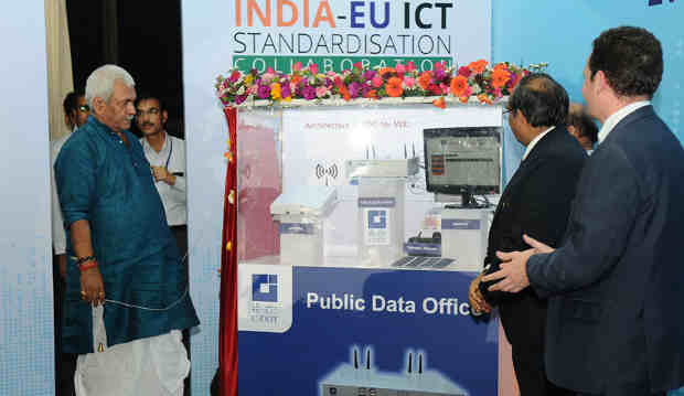 Manoj Sinha launching the C-DOT’s Public Data Office, at a Workshop on “Future Proof Smart Cities with a Common Service Layer”, at the India-EU ICT Standardisation Collaboration, in New Delhi on April 21, 2017