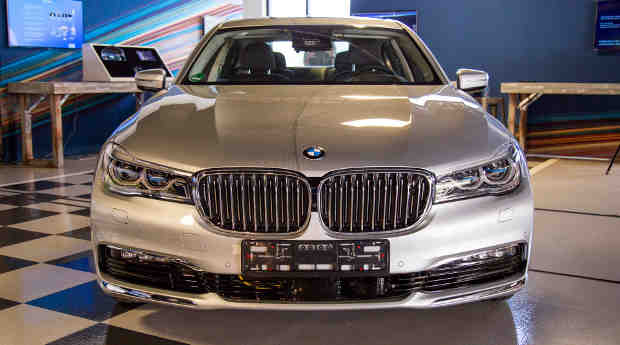 BMW displays one of the first of approximately 40 highly automated vehicles that were announced by BMW, Intel and Mobileye during a one-day autonomous driving workshop on Wednesday, May 3, 2017, at Intel's Silicon Valley Center for Autonomous Driving in San Jose, California. (Credit: Intel Corporation)