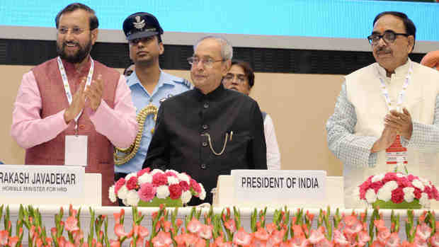 Pranab Mukherjee launching the SWAYAM, 32 SWAYAM Prabha DTH Channels and National Academic Depository, at the National Convention on Digital Initiatives, organised by the Ministry of Human Resource Development, in New Delhi on July 09, 2017