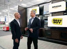 Amazon founder and CEO Jeff Bezos and Best Buy chairman and CEO Hubert Joly announce new Fire TV Edition smart TVs in Bellevue, WA.