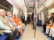 The Prime Minister, Shri Narendra Modi taking a ride in Metro from Botanical Garden Station to Okhla Bird Sanctuary along with the Governor of Uttar Pradesh, Shri Ram Naik and the Chief Minister, Uttar Pradesh, Yogi Adityanath and other dignitaries after its inauguration, at Noida, Uttar Pradesh on December 25, 2017. (file photo) Courtesy: PIB