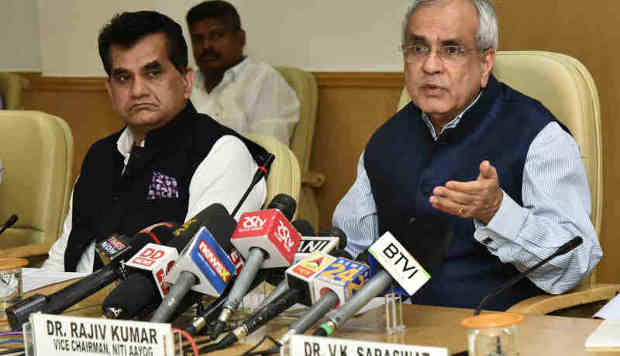 The Vice-Chairman, NITI Aayog, Rajiv Kumar addressing media after the 4th meeting of Governing Council of NITI Aayog, in New Delhi on June 17, 2018. The CEO, NITI Aayog, Amitabh Kant is also seen. (file photo). Courtesy: Press Information Bureau