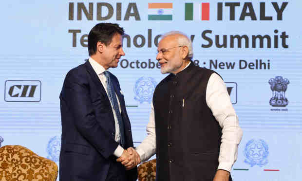 The Prime Minister, Shri Narendra Modi and the Prime Minister of Italy, Mr. Giuseppe Conte at the valedictory session of the India-Italy Technology Summit, in New Delhi on October 30, 2018.