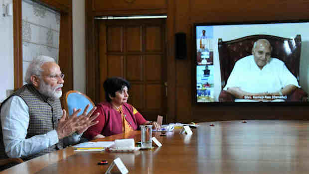 PM Narendra Modi speaking about Covid-19 through video conference in New Delhi on March 24, 2020. Photo: PIB (file photo)