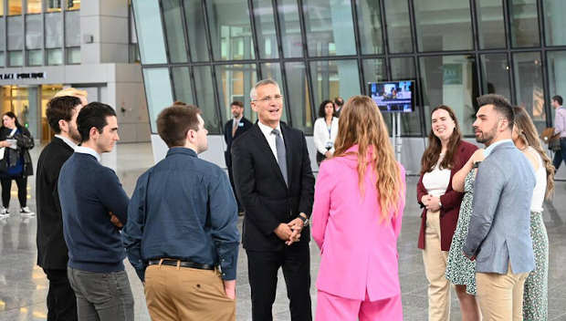NATO Secretary General Jens Stoltenberg meeting 10 young content creators from across Allied countries (Germany, Hungary, Latvia, Spain, the UK, and the US) at the NATO Headquarters as part of the “Protect the Future” campaign on 27 May 2022. Photo: NATO