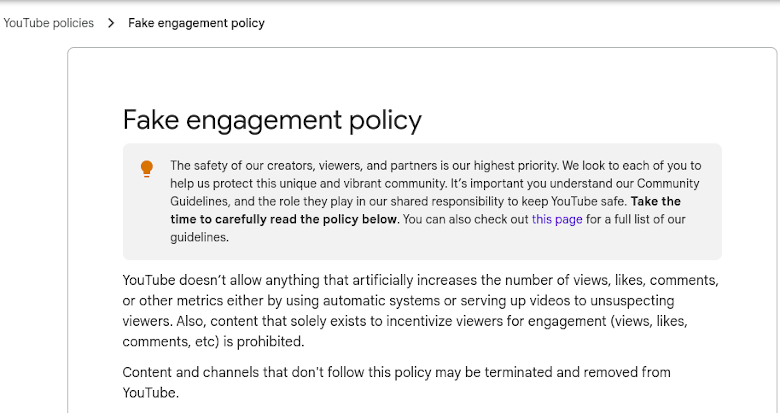 Screenshot of YouTube Fake engagement policy