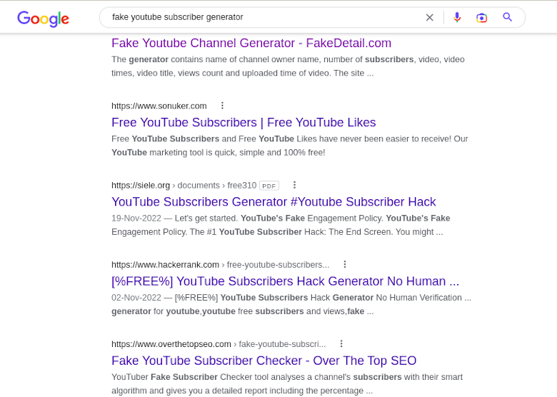 Screenshot of Google search showing YouTube subscribers generators