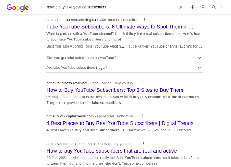 Screenshot of Google search showing fake YouTube subscribers