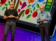 Adobe president and CEO Shantanu Narayen (right) and Microsoft CEO Satya Nadella at Adobe MAX