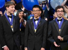 WASHINGTON, D.C., March 10, 2015 - Intel Science Talent Search first place winners (left to right) Noah Golowich (Mass.), Andrew Jin (Calif.) and Michael Winer (Md.) each took home $150,000. Photo credit: Chris Ayers/Intel