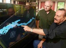 Jefferson Project Director Rick Relyea (left) and IBM Research Distinguished Engineer Harry Kolar (right) examine a visualization of Lake George, as part of The Jefferson Project at Lake George, a three year effort to deploy Internet of Things technology to create the "world's smartest lake."