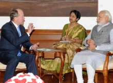 John Chambers calls on Narendra Modi, in New Delhi on March 18, 2016