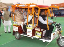 Narendra Modi taking a ride on e-Rickshaw, on the launch of 'Stand up India' programme, in Noida, Uttar Pradesh on April 05, 2016