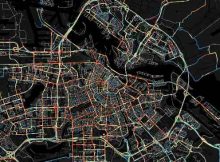 Image shows congestion on the morning of an average working day in and around Amsterdam. Red indicates heavy traffic flow, blue indicates roads with lighter traffic.