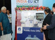 Manoj Sinha launching the C-DOT’s Public Data Office, at a Workshop on “Future Proof Smart Cities with a Common Service Layer”, at the India-EU ICT Standardisation Collaboration, in New Delhi on April 21, 2017