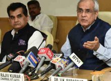 The Vice-Chairman, NITI Aayog, Rajiv Kumar addressing media after the 4th meeting of Governing Council of NITI Aayog, in New Delhi on June 17, 2018. The CEO, NITI Aayog, Amitabh Kant is also seen. (file photo). Courtesy: Press Information Bureau