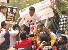 Congress workers protesting against PM Narendra Modi and Adani Group on February 6, 2023. Photo Congress