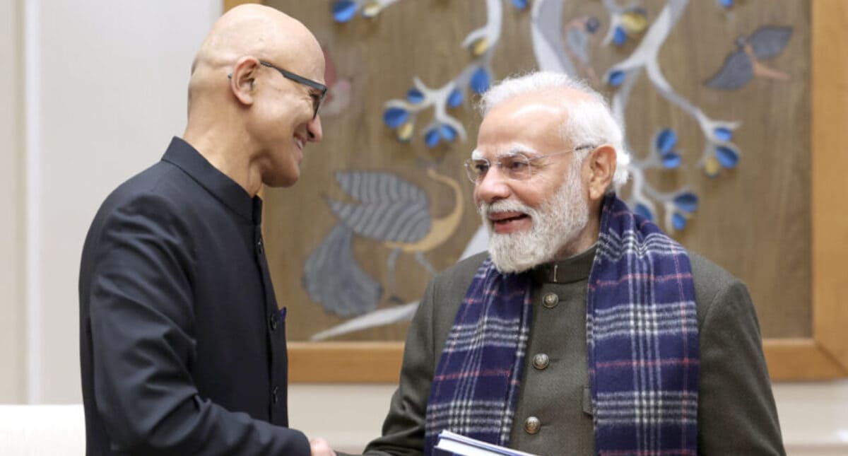 Satya Nadella, chairman and CEO, Microsoft, in conversation with Prime Minister Narendra Modi in New Delhi on December 9, 2025. Photo: Microsoft