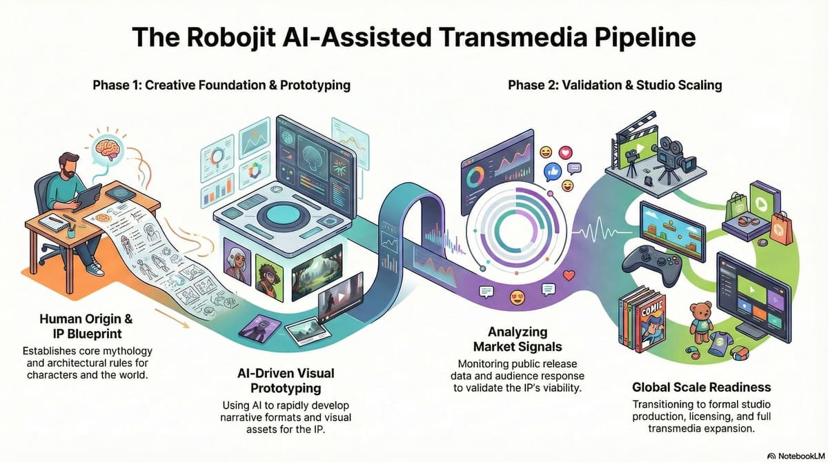 The AI-assisted transmedia production pipeline used to develop Robojit and the Sand Planet from a human-written novel into a scalable global intellectual property.