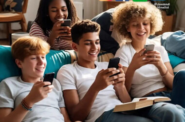 Representational image of teens (boys and girls) using social media on their mobile phones. Image generated with Meta AI image generator by RMN News Service.