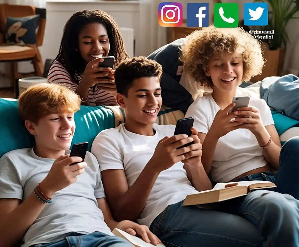 Representational image of teens (boys and girls) using social media on their mobile phones. Image generated with Meta AI image generator by RMN News Service.