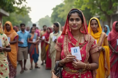 AI-generated representational image of men and women standing outside a polling booth to vote in an Indian election. Photo: RMN News Service