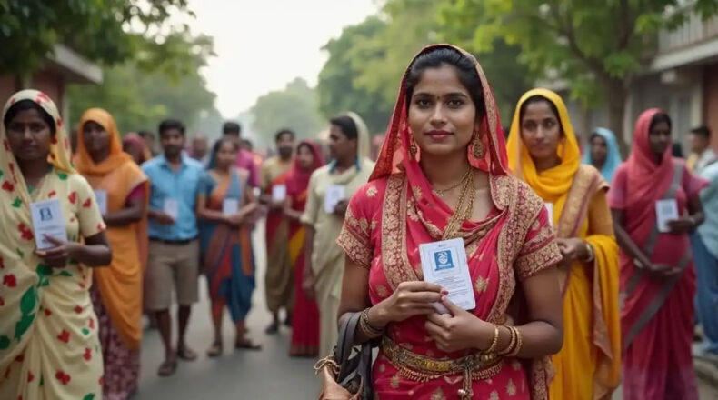 AI-generated representational image of men and women standing outside a polling booth to vote in an Indian election. Photo: RMN News Service