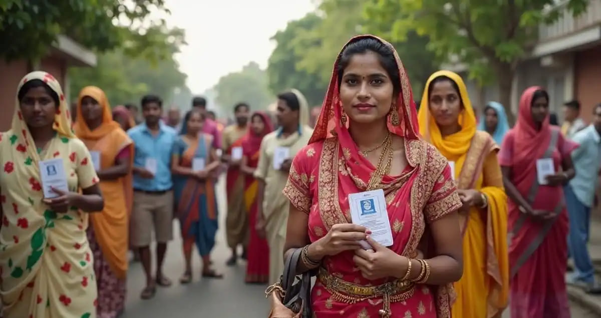 AI-generated representational image of men and women standing outside a polling booth to vote in an Indian election. Photo: RMN News Service
