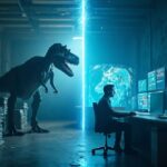 A split-screen illustration contrasting two eras of media. On the left, a dark, abandoned-looking traditional newsroom features a large dinosaur skeleton amidst cluttered desks and paper. On the right, a modern, high-tech digital hub shows one person working with advanced holographic AI tools and data streams. A bright line of digital code separates the two scenes, symbolizing the transition from obsolete legacy models to an AI-powered future.