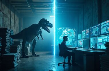A split-screen illustration contrasting two eras of media. On the left, a dark, abandoned-looking traditional newsroom features a large dinosaur skeleton amidst cluttered desks and paper. On the right, a modern, high-tech digital hub shows one person working with advanced holographic AI tools and data streams. A bright line of digital code separates the two scenes, symbolizing the transition from obsolete legacy models to an AI-powered future.