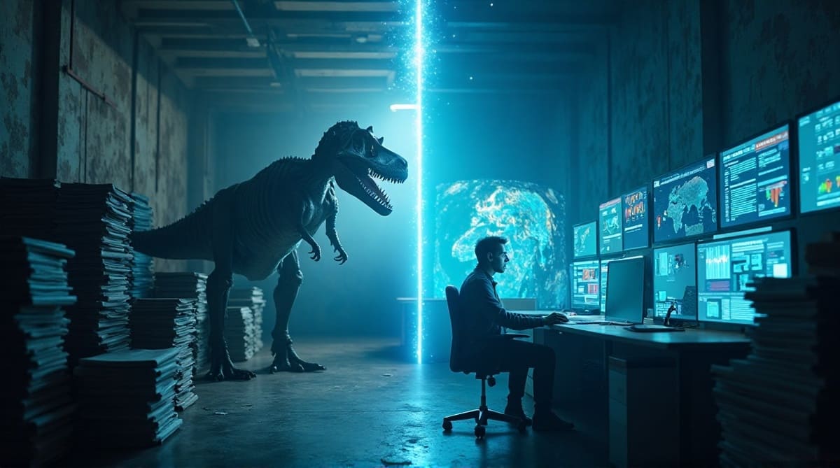 A split-screen illustration contrasting two eras of media. On the left, a dark, abandoned-looking traditional newsroom features a large dinosaur skeleton amidst cluttered desks and paper. On the right, a modern, high-tech digital hub shows one person working with advanced holographic AI tools and data streams. A bright line of digital code separates the two scenes, symbolizing the transition from obsolete legacy models to an AI-powered future.