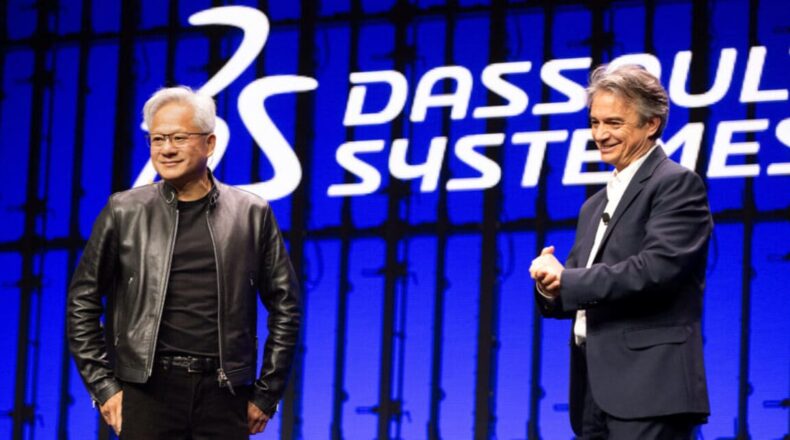 NVIDIA CEO Jensen Huang and Dassault Systèmes CEO Pascal Daloz have announced a landmark partnership to build a shared industrial AI architecture. Photo: NVIDIA