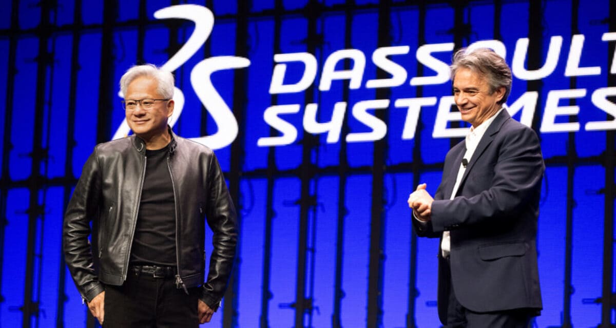NVIDIA CEO Jensen Huang and Dassault Systèmes CEO Pascal Daloz have announced a landmark partnership to build a shared industrial AI architecture. Photo: NVIDIA