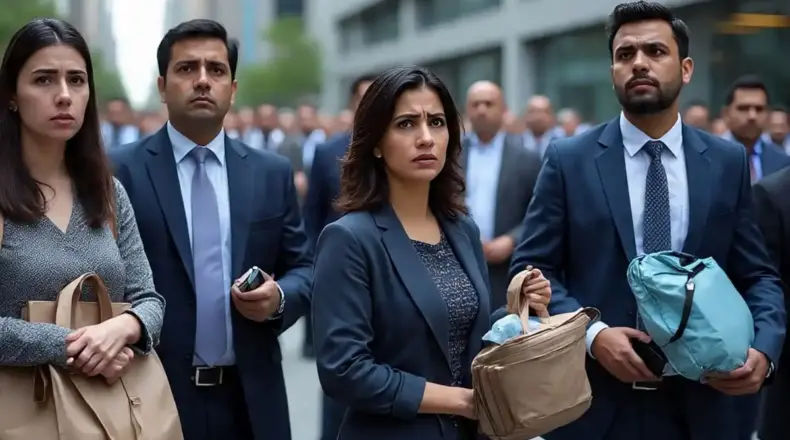 Representational image of employees who have lost their jobs in the shrinking job market. Image created with Meta AI image generator by RMN News Service.