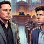 Courtroom illustration of Musk and Altman during Phase 1 liability testimony in the Oakland federal trial.