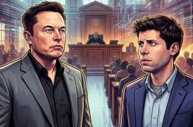 Courtroom illustration of Musk and Altman during Phase 1 liability testimony in the Oakland federal trial.