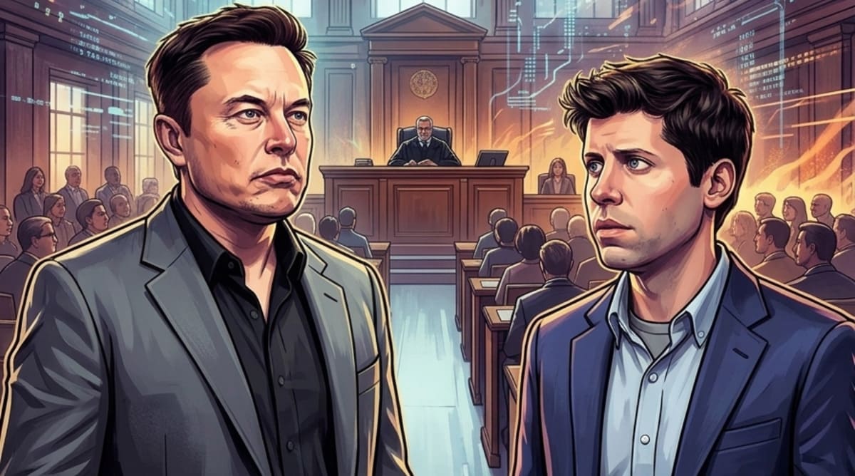Courtroom illustration of Musk and Altman during Phase 1 liability testimony in the Oakland federal trial.