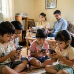Children using smartphones while preoccupied parents sit nearby in a modern living room.