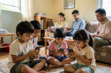Children using smartphones while preoccupied parents sit nearby in a modern living room.