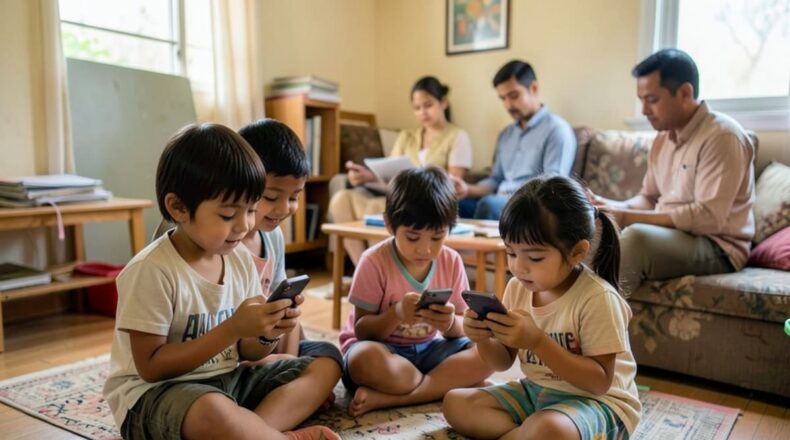 Children using smartphones while preoccupied parents sit nearby in a modern living room.