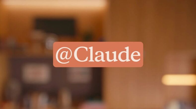 Interface showing @Claude being tagged in a Slack channel for team collaboration.