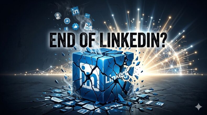 AI-generated abstract image of a shattered cube featuring the LinkedIn logo, symbolizing platform decay and technical failure.