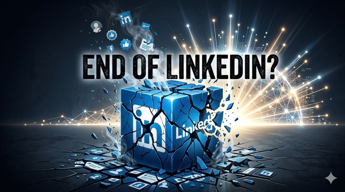 AI-generated abstract image of a shattered cube featuring the LinkedIn logo, symbolizing platform decay and technical failure.