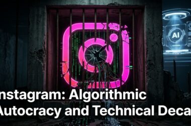 Digital illustration representing Instagram's algorithmic autocracy and infrastructure decay.