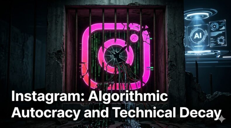 Digital illustration representing Instagram's algorithmic autocracy and infrastructure decay.