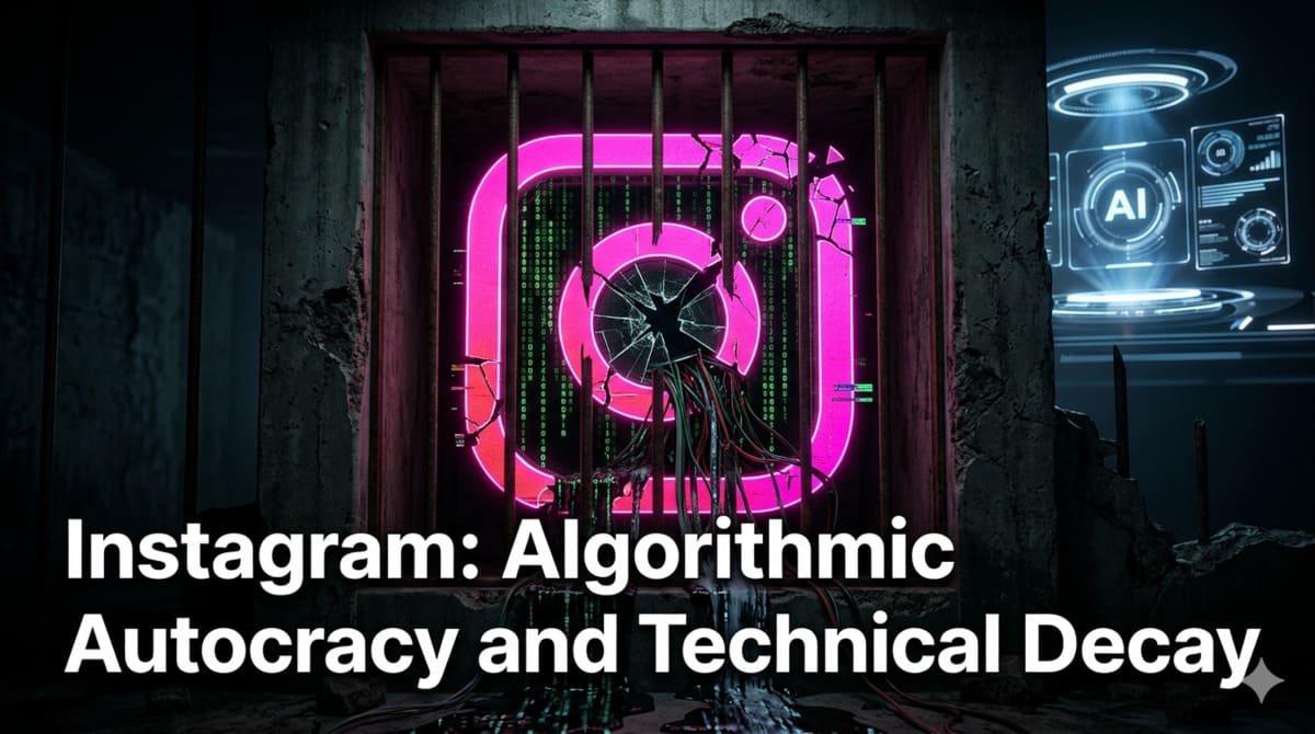 Digital illustration representing Instagram's algorithmic autocracy and infrastructure decay.