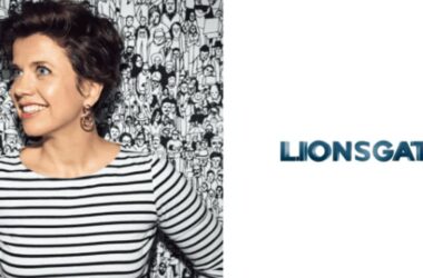 Split graphic showing Chief AI Officer Kathleen Grace on the left and the corporate Lionsgate logo on the right.